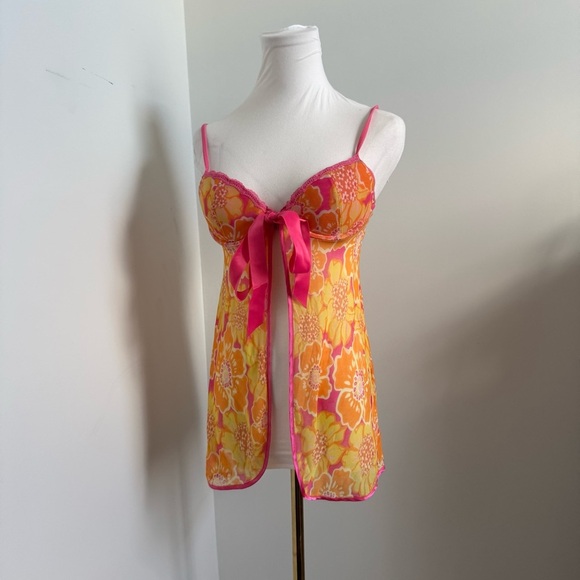 Y2K Floral Sheer Babydoll Top Pink Orange Ribbon Bow Coquette Lingerie M - Picture 4 of 8
